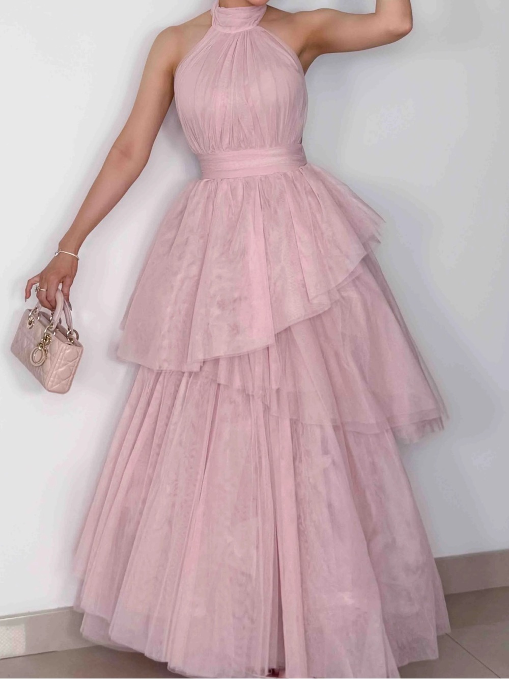 Fashion Nova Dusty Pink Halter Layered Tulle Gown
